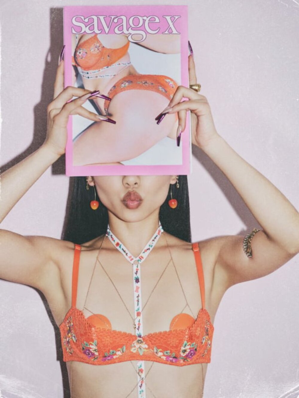 Savage X Fenty Dolled Up Orange Floral Lace Bra 34C & Cheeky Panty S Set